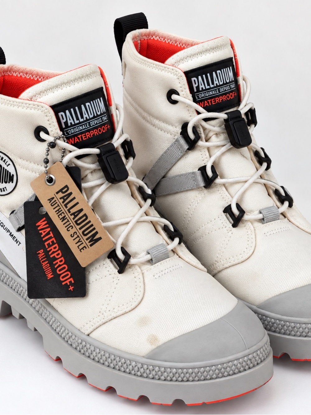 Palladium White and Gray Waterproof Canvas Boots with Red Accents